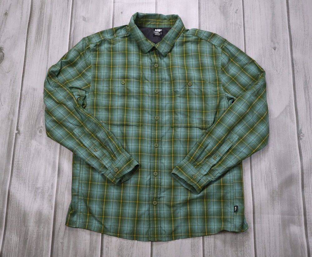 REI Co-op Men's Long Sleeve Button-Down Shirt Size Large Green Yellow Plaid Vent